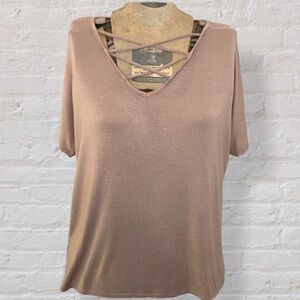 Messy Buns Lazy Days Beige Blush Crisscross Neckline Short Sleeve Knit Top